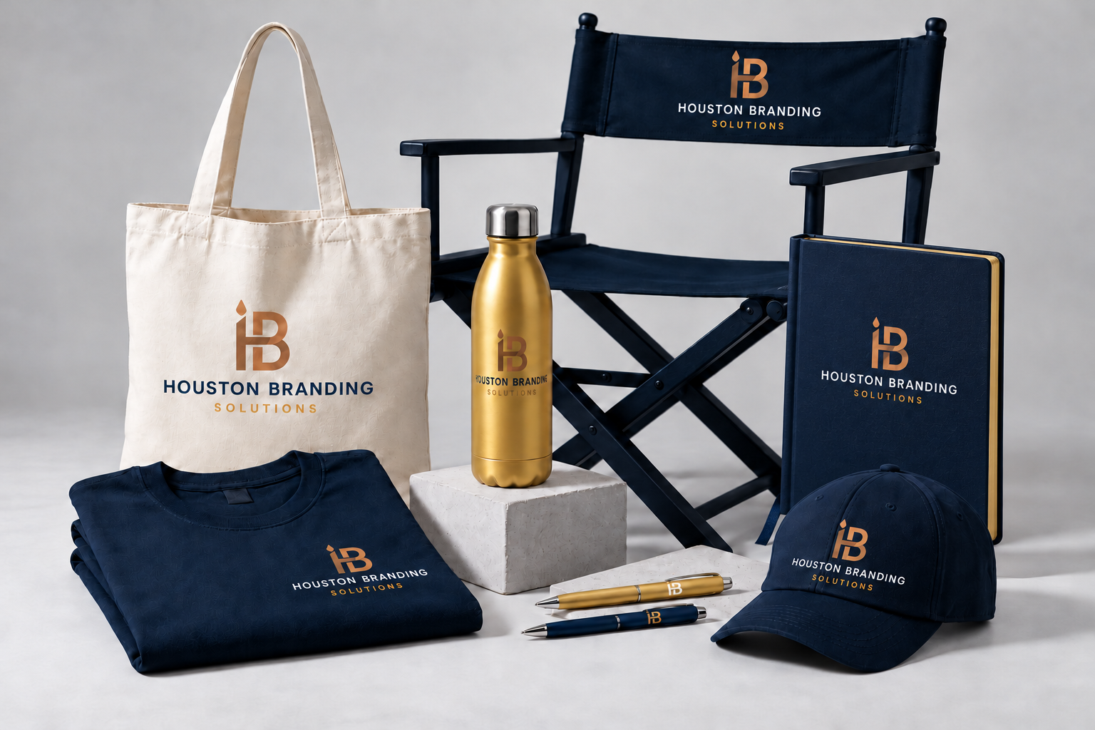 Sample Houston Branding Solutions branded shirts, pens, bottle, tote, journal, and director chair